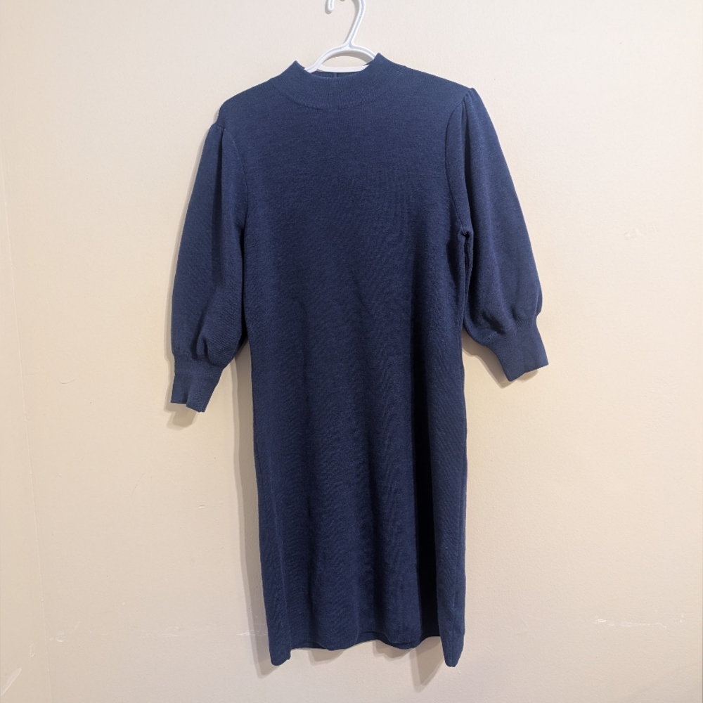 Contemporaine Simons Blue Merino Wool Knit Chic Dress Puff 3/4 Sleeve Sz S NWOT
